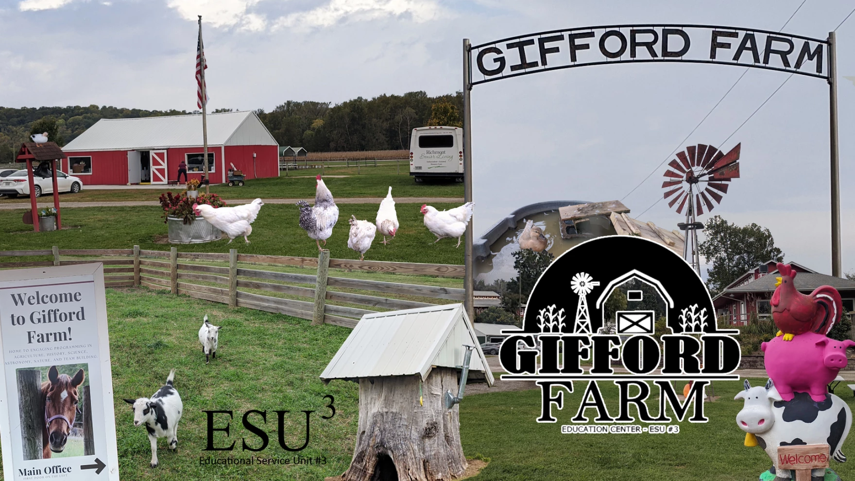 Gifford Farm collage with barn, animals, windmill, and Gifford Farm sign